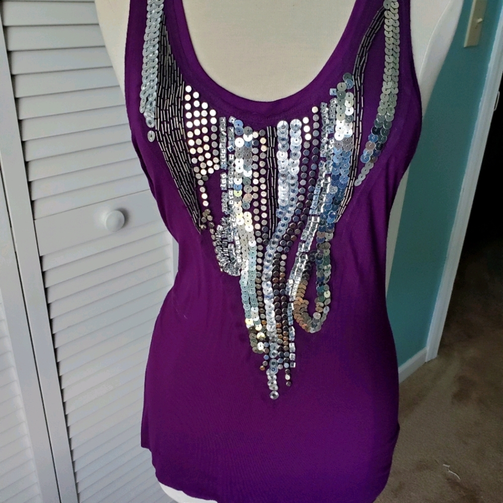 Hale Bob plum tank top w/sequin and stud design in